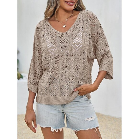 Women's Crocheted Mesh Cover Up Top Summer 3/4 Sleeve Off Shoulder Wahte - Picture 2 of 5